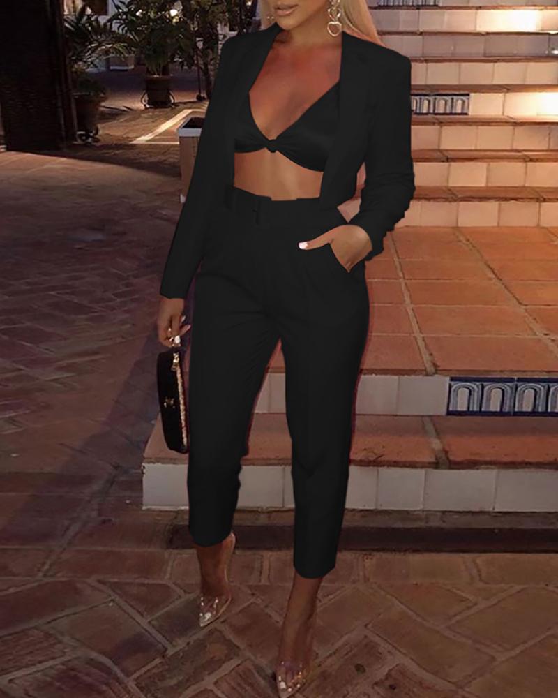 

Notched Collar Patch Pocket Blazer & Pants Sets, Black