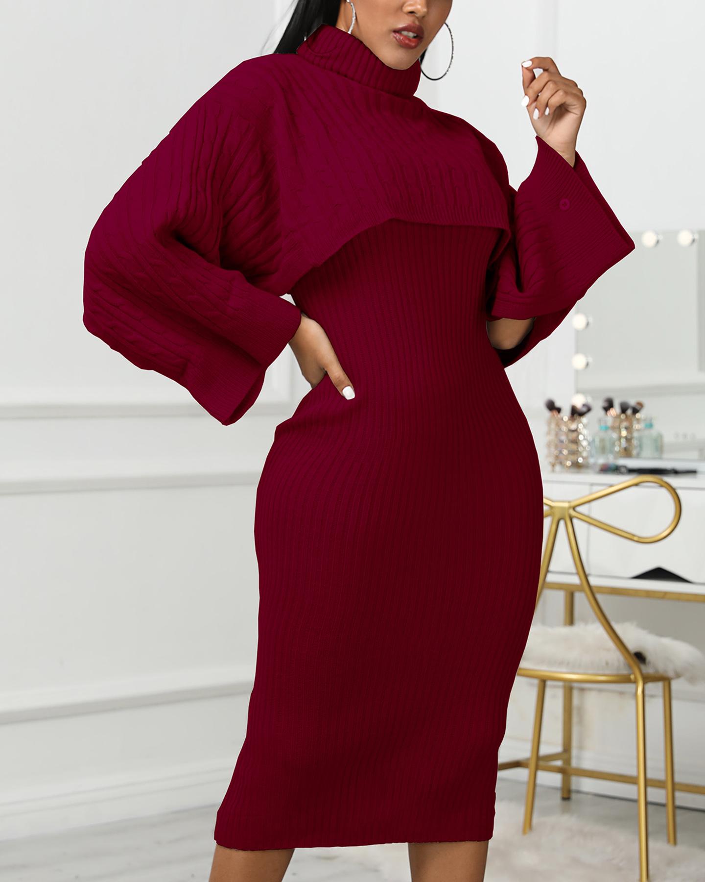 

Solid High Neck Ribbed Sweater & Thin Strap Dress Sets, Wine red