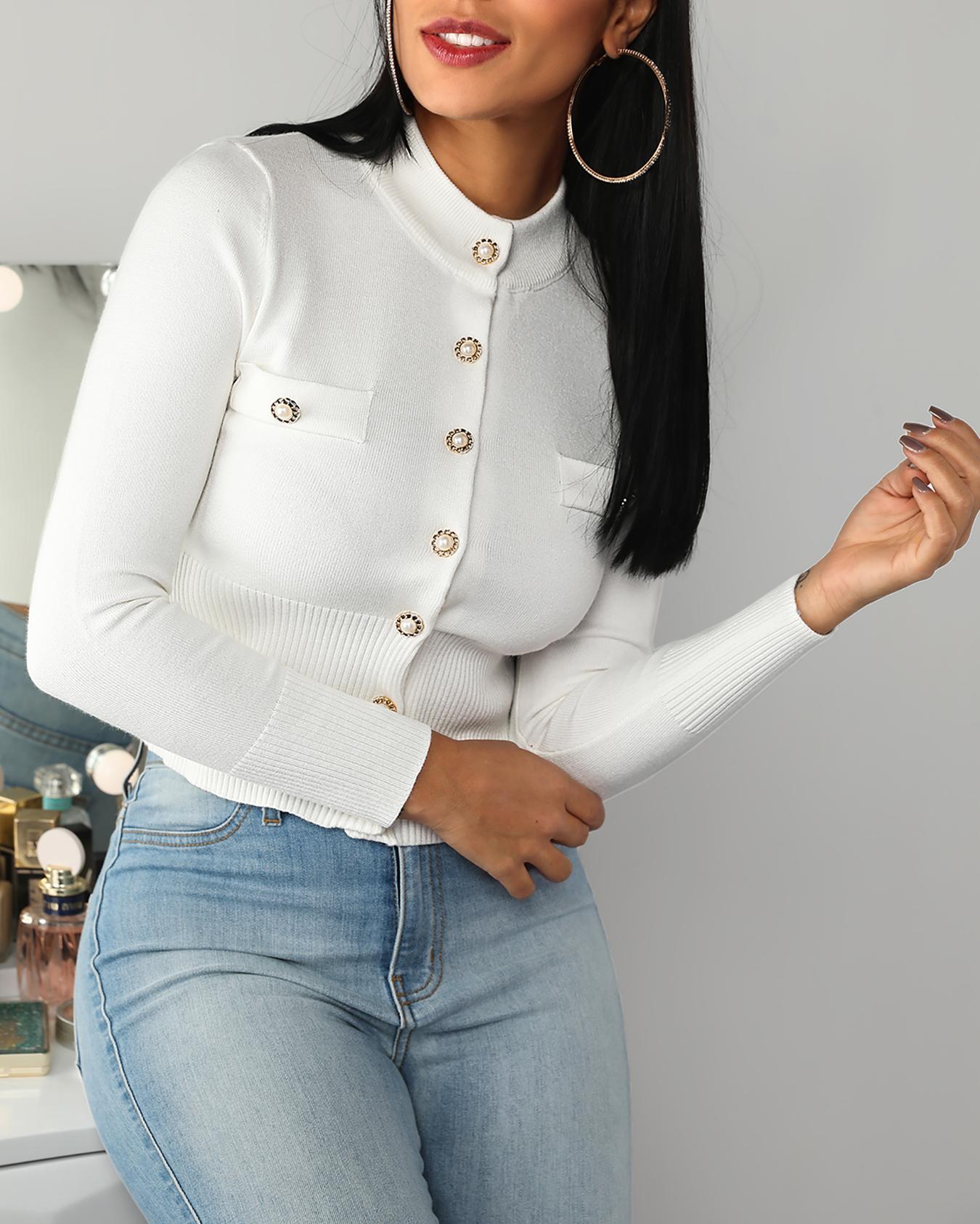 

Button Pocket Detail Long Sleeve Top, White