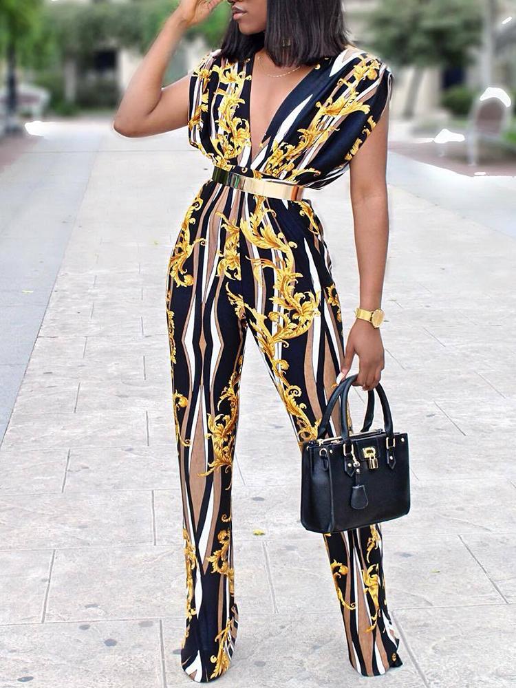 

Fashion Digital Print V Neck Jumpsuit