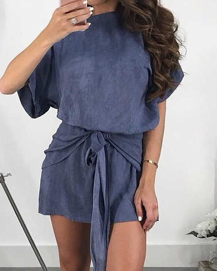 

Solid Short Sleeve Belted Casual Dress, Dark blue