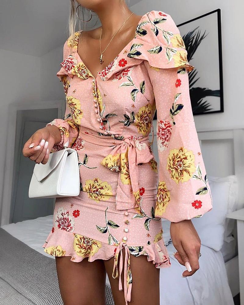 

Floral Print Lantern Sleeve Ruffles Dress