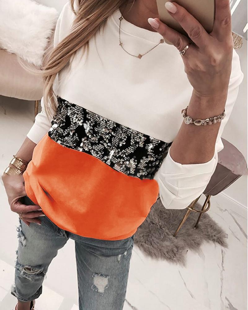 

Round Neck Colorblock Insert Sequins Long Sleeve Sweatshirt, Orange