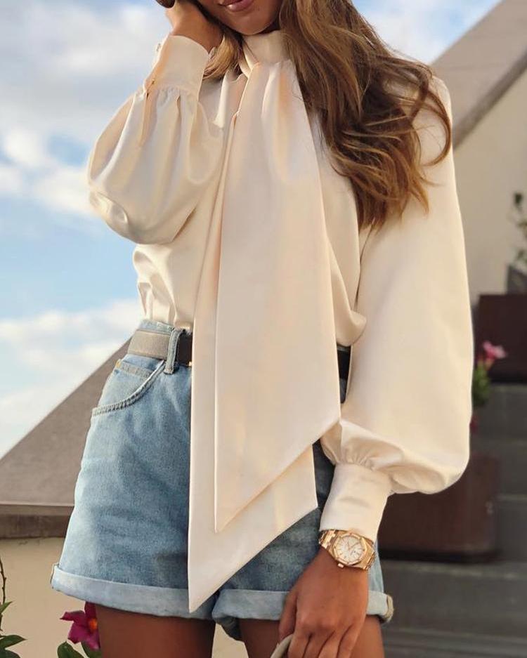 

Lantern Sleeve Tied Neck Casual Shirt, Apricot