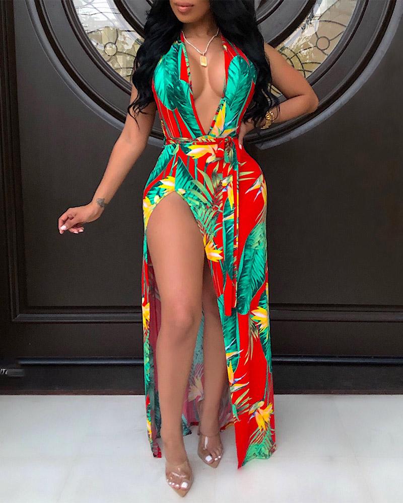 

Deep V Neck Tropical Print Maxi Dress, Red