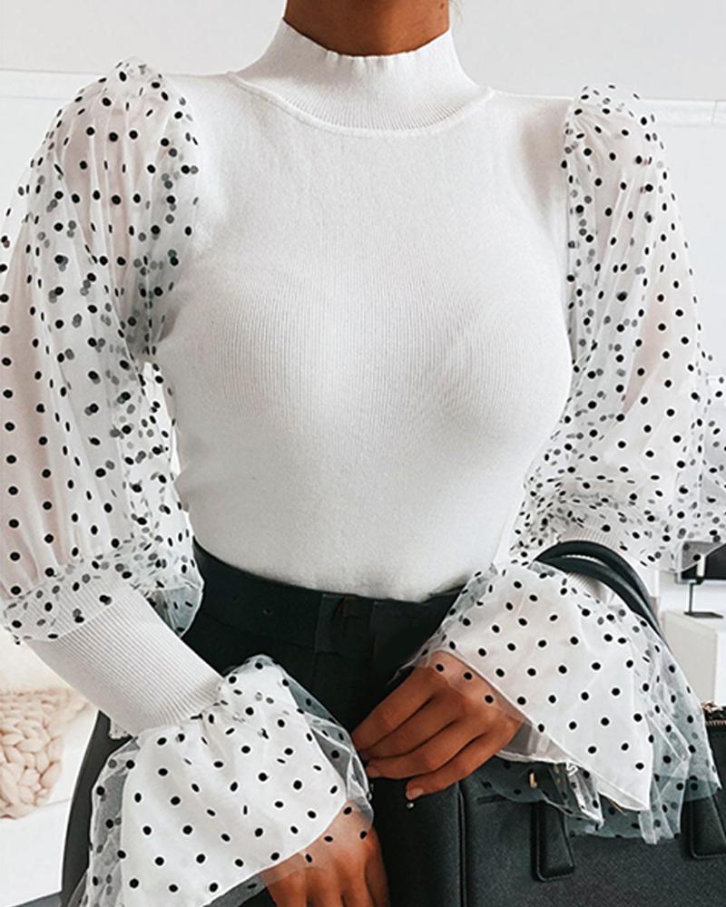 

Polka Dot Bell Sleeve Rib Top, White
