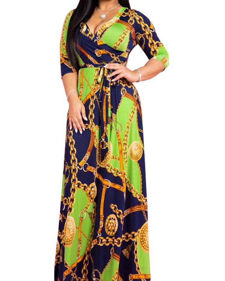 

Chain Printed V-Neck Maxi Dress, Green