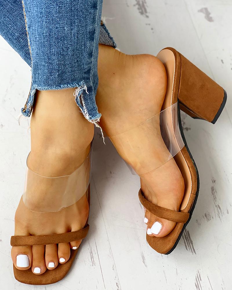 

Transparent Strap Chunky Heeled Sandals, Brown