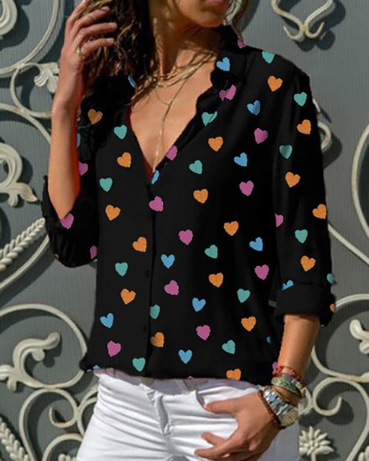 

Heart Shape Print Long Sleeve Shirt, Black