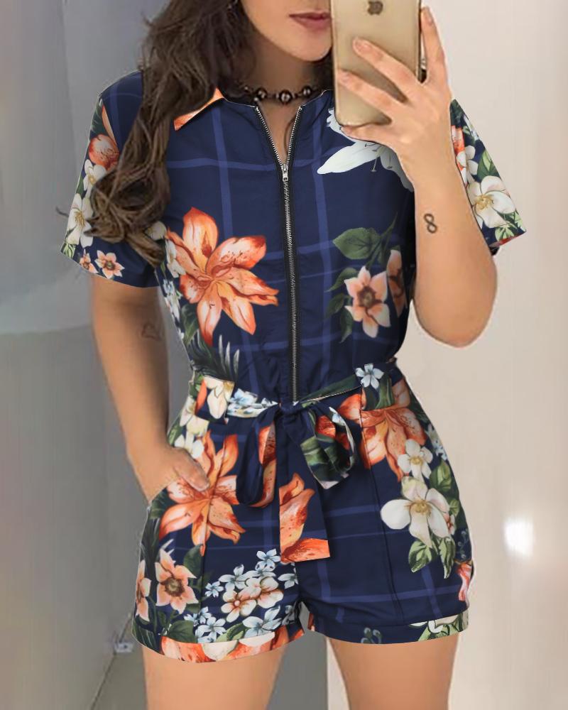 

Floral Print Zipper Design Casual Romper, Blue
