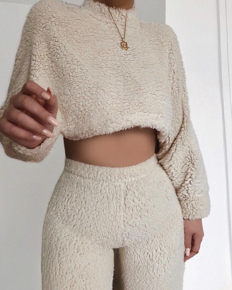 

Solid Fluffy Crop Top & Pants