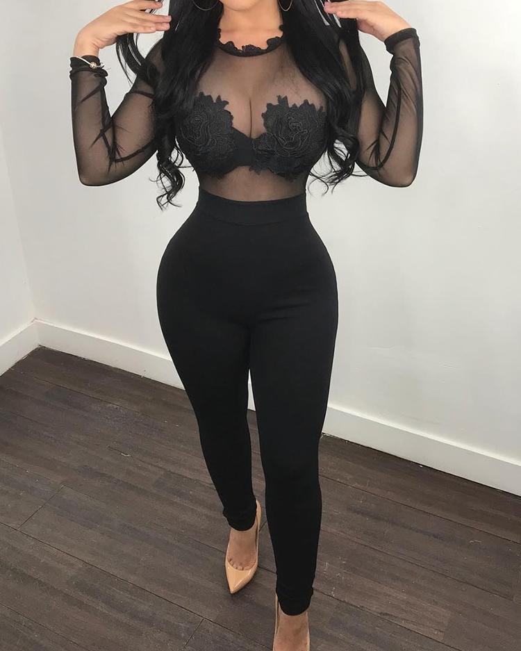 

Stylish Floral Hem Perspective Mesh Patchwork Jumpsuit, Black