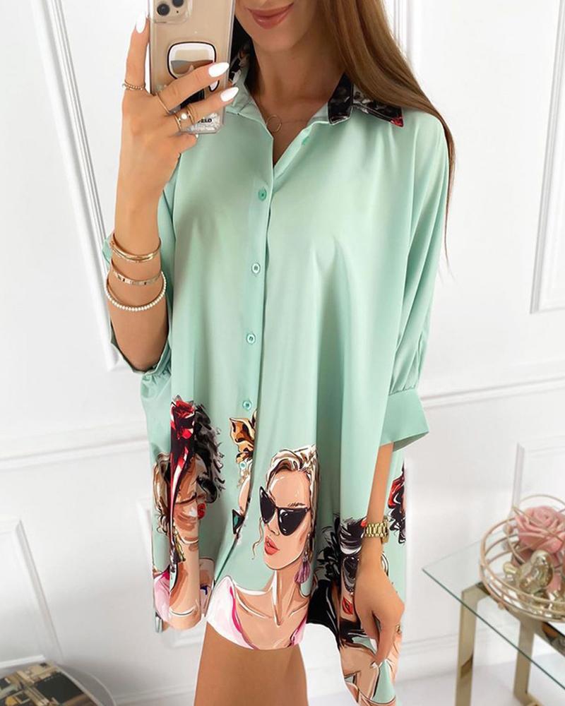 

Figure Print Button Design Half Sleeve Shirt, Green
