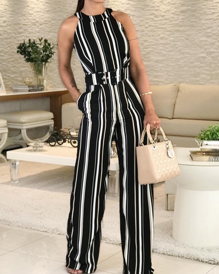 

Halter Striped Sleeveless Belted Jumpsuits, Black