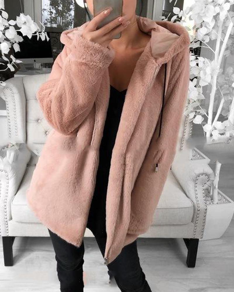 

Hooded Zip Front Fluffy Jacket, Pink