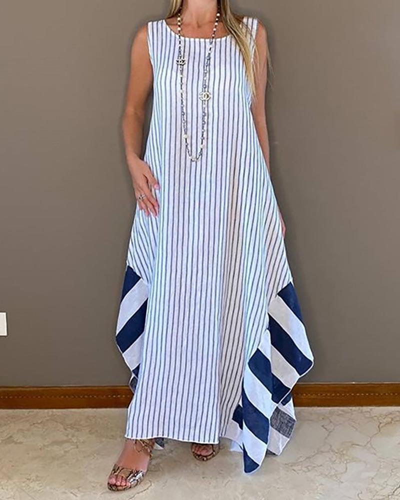 

Striped Sleeveless Casual Dress, White