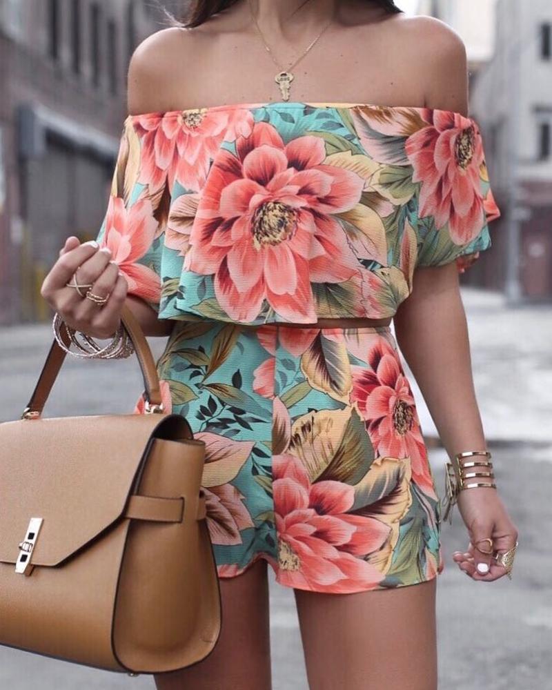 

Floral Print Off Shoulder Short Sleeve Romper, Green