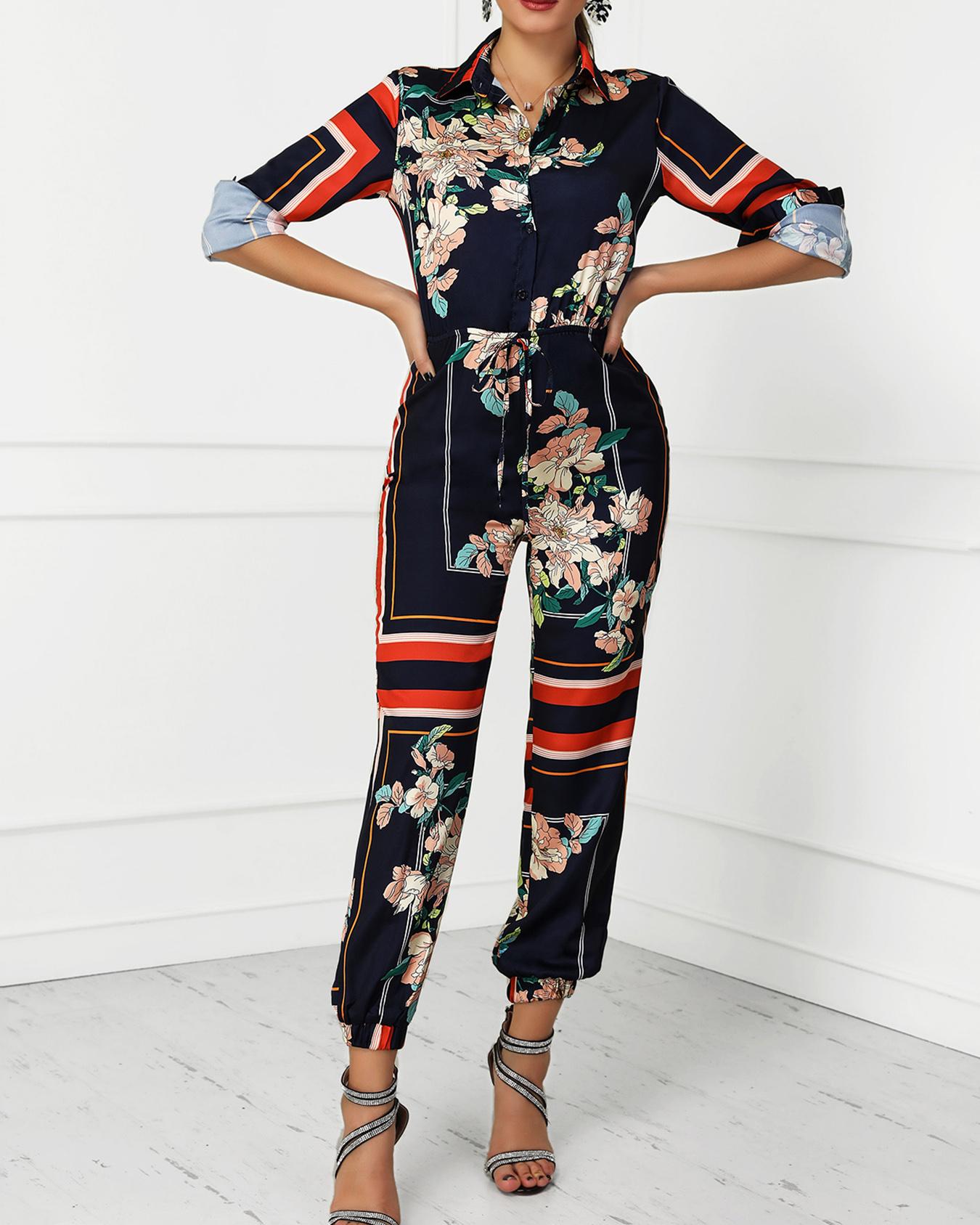 

Floral Print Stripes Button Design Jumpsuits