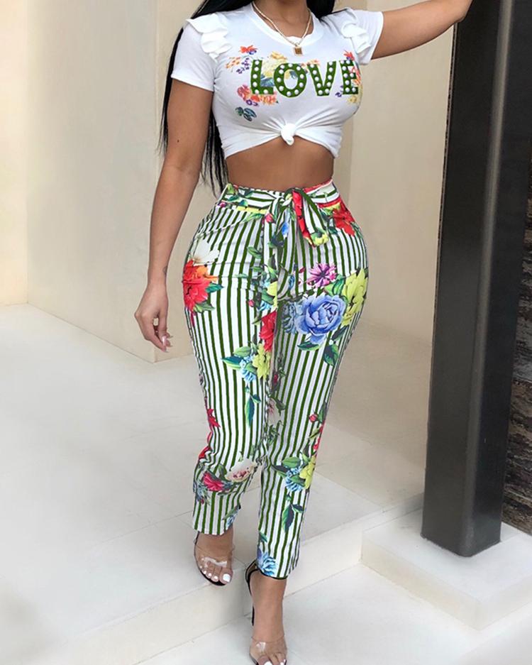 

Floral Print Cropped Top & Belted Pant Set, Green