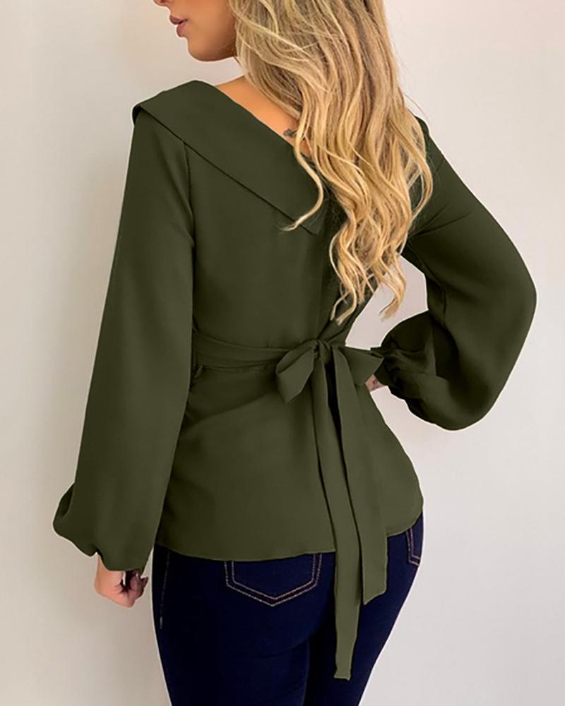 

Plain Lantern Sleeve Tie Detail Top, Green