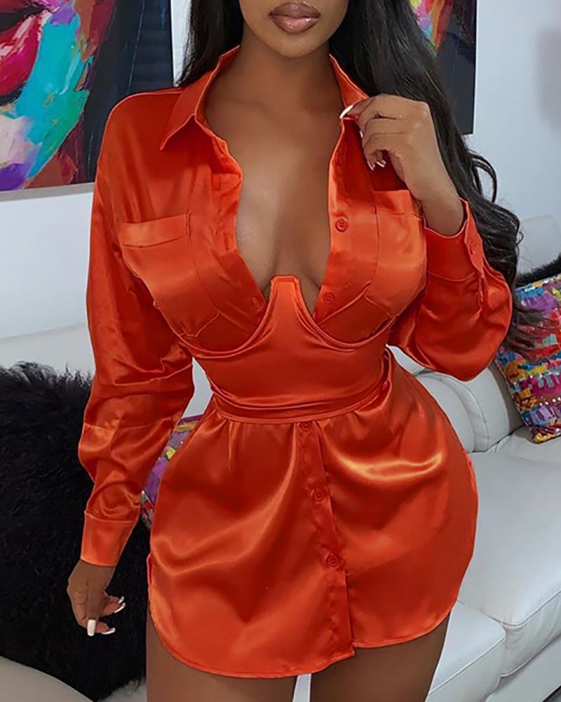 

Long Sleeves Solid Fitted Waist Shirt Dress, Orange