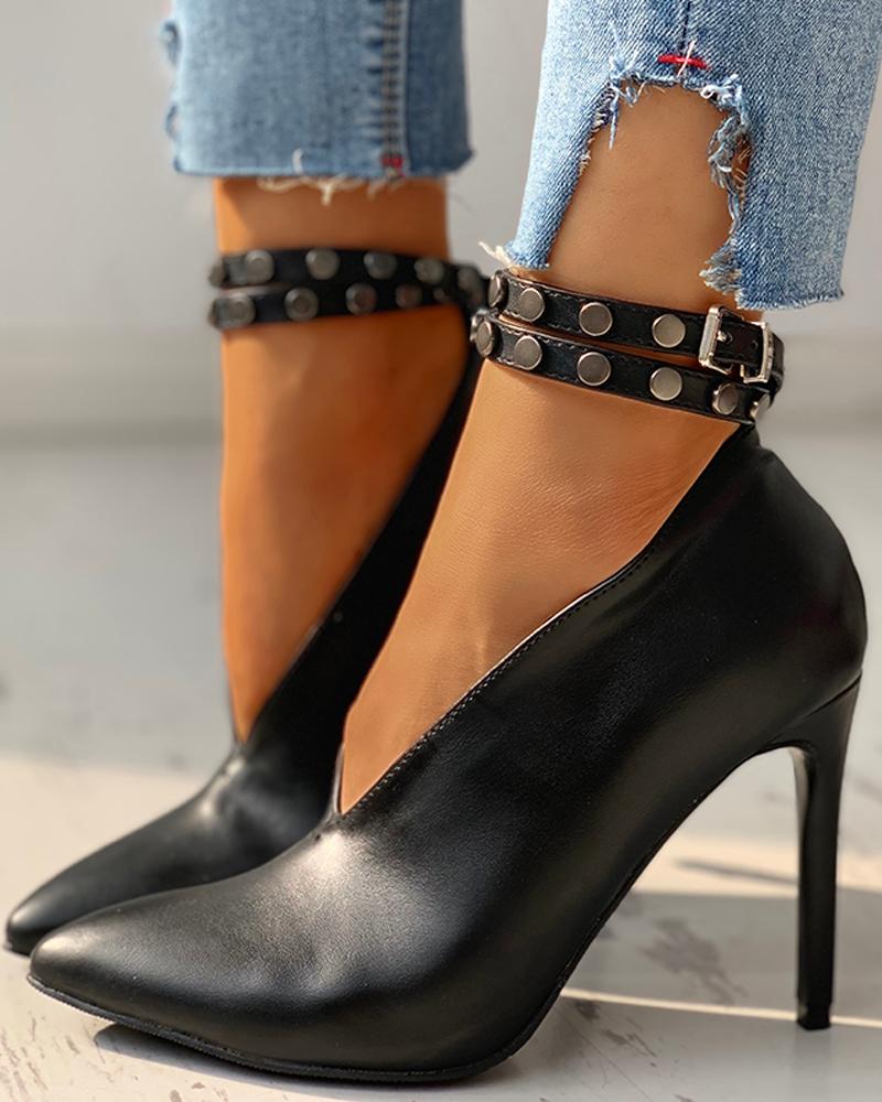 

Pointed Toe Rivet Strap Thin Heels, Black