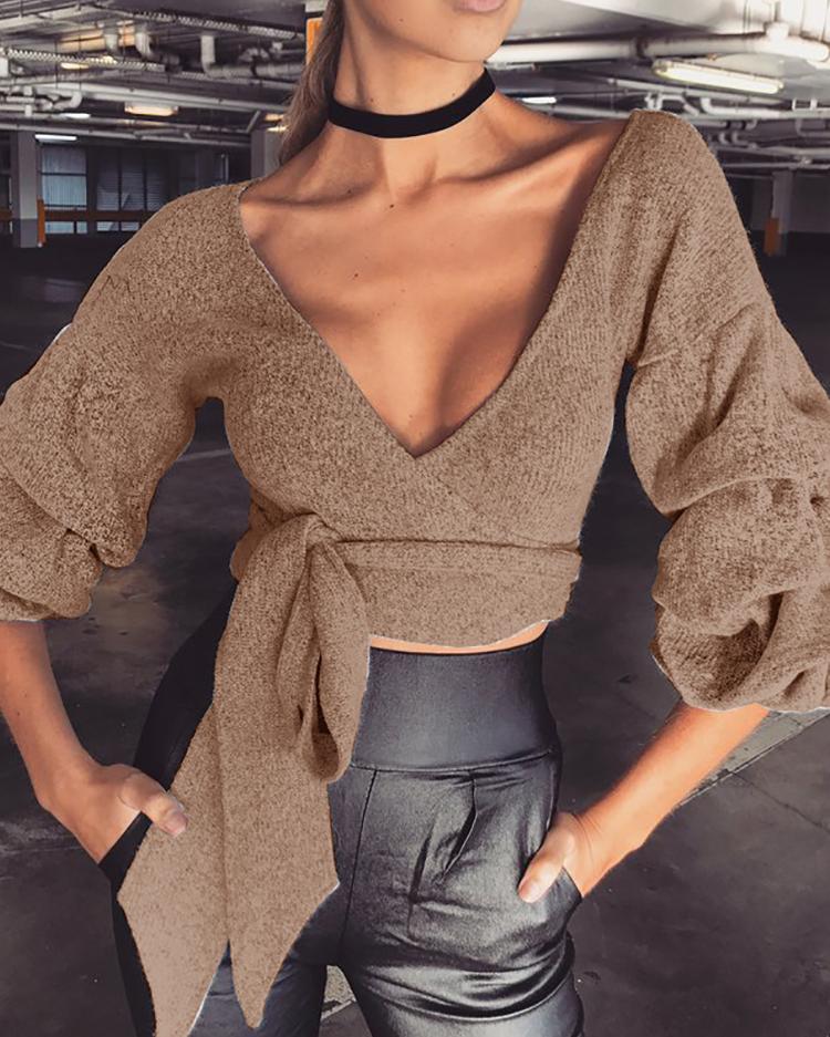 

Plunge Neck Puffed Sleeve Tie Waist Crop Top, Khaki