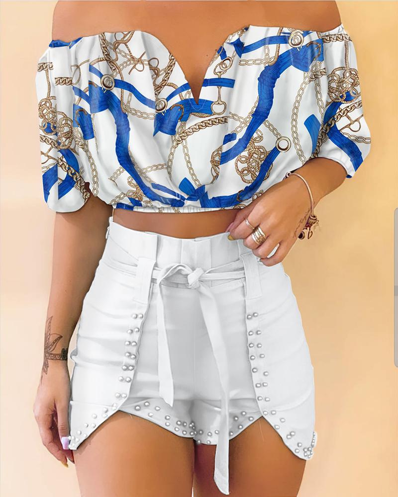 

Off Shoulder Chain Print Top & Beaded Shorts Set, Multicolor