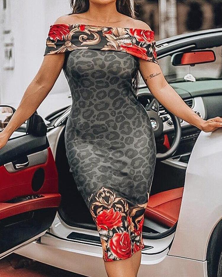 

Floral Leopard Print Bodycon Bardot Dress, Multicolor