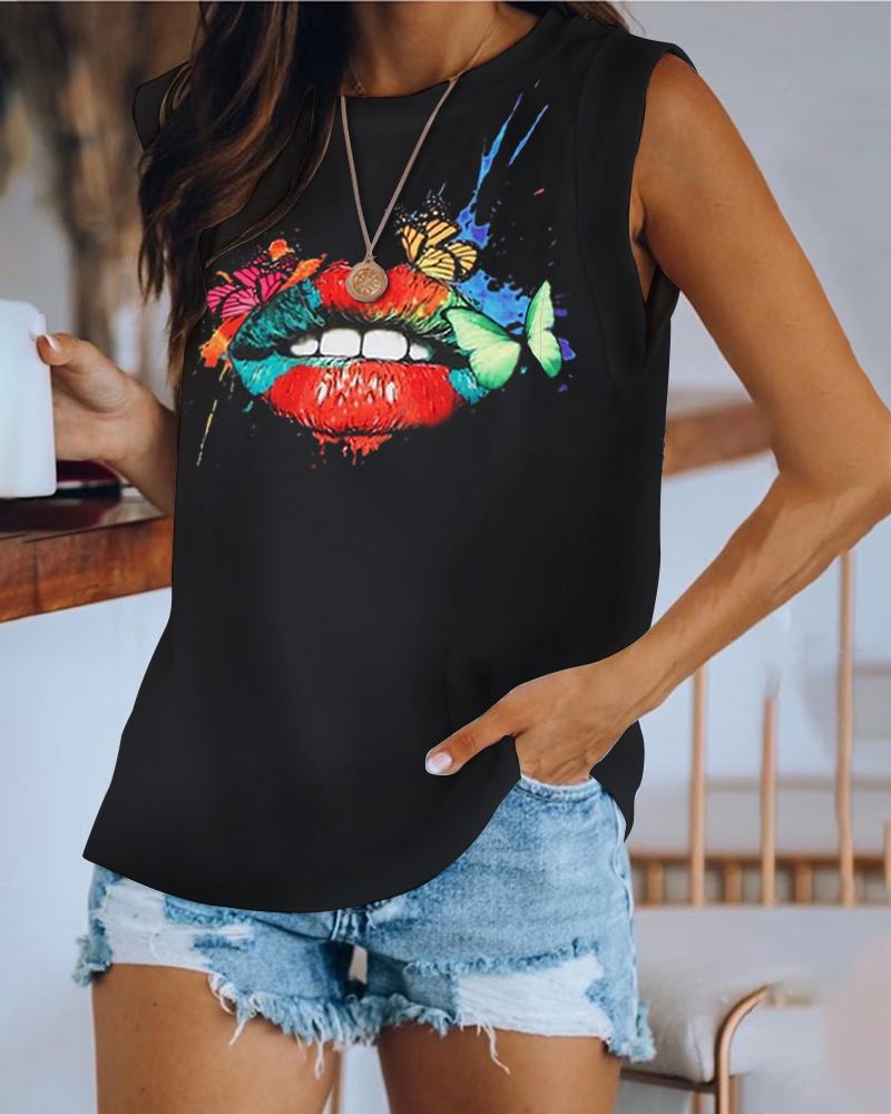 

Lip Butterfly Print Casual Tank Top, Black