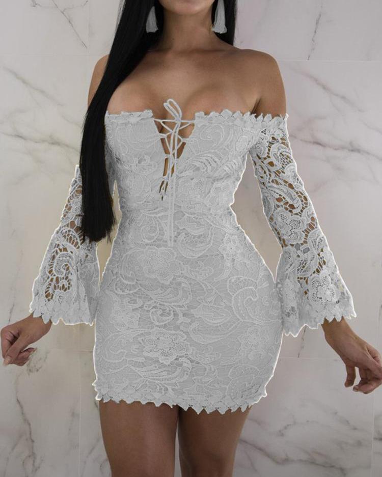 

Off Shoulder Flare Sleeve Lace-up Bodycon Dress, White