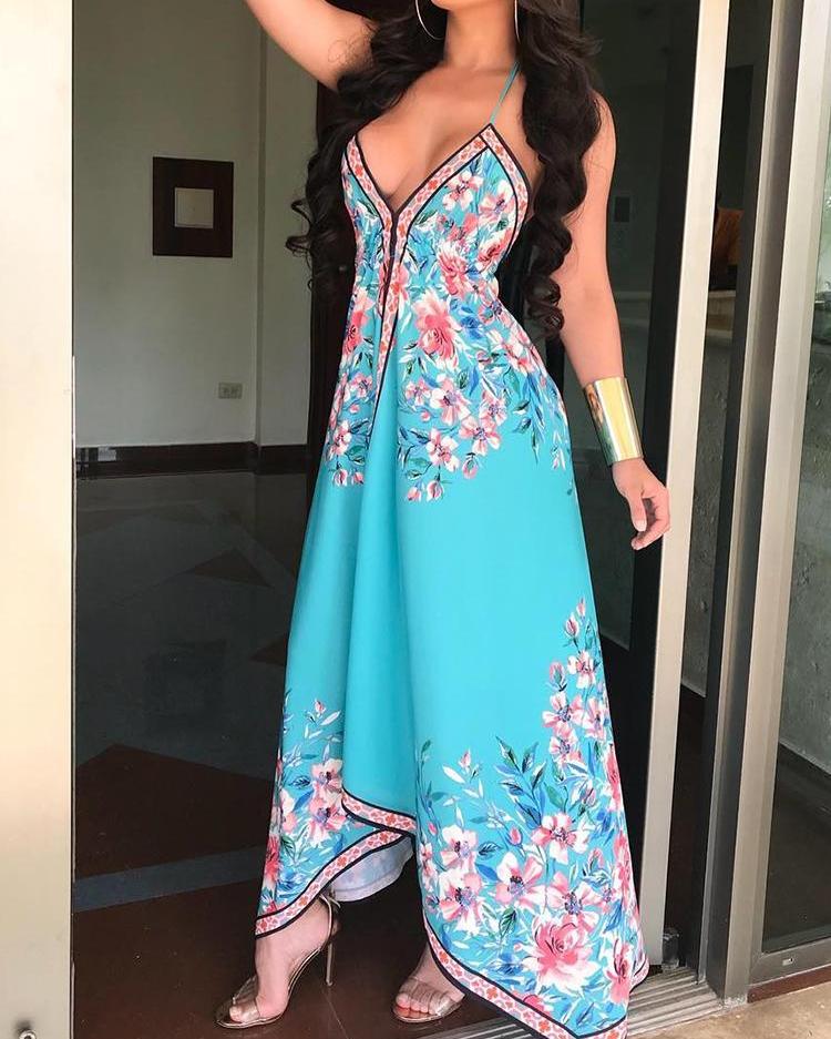 

Floral Print Halter Backless Irregular Maxi Dress, Multicolor