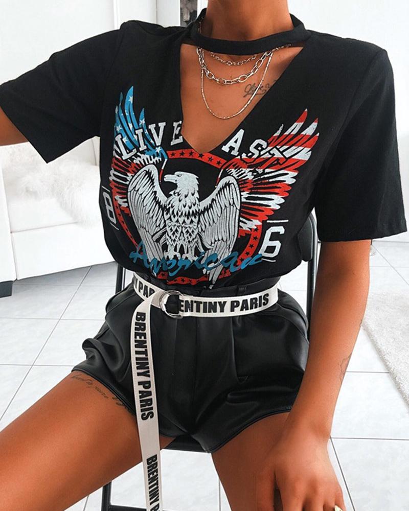

Print Short Sleeve Cut Out T-shirt, Black