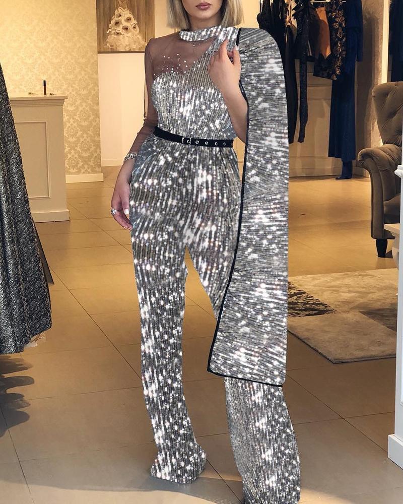 

Cape Sleeve Semi Sheer Sequin Jumpsuit, Silver