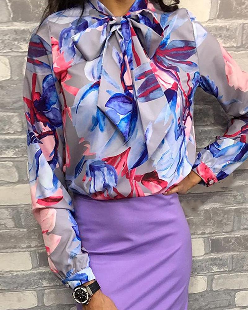 

Tie Neck Floral Textured Top, Multicolor