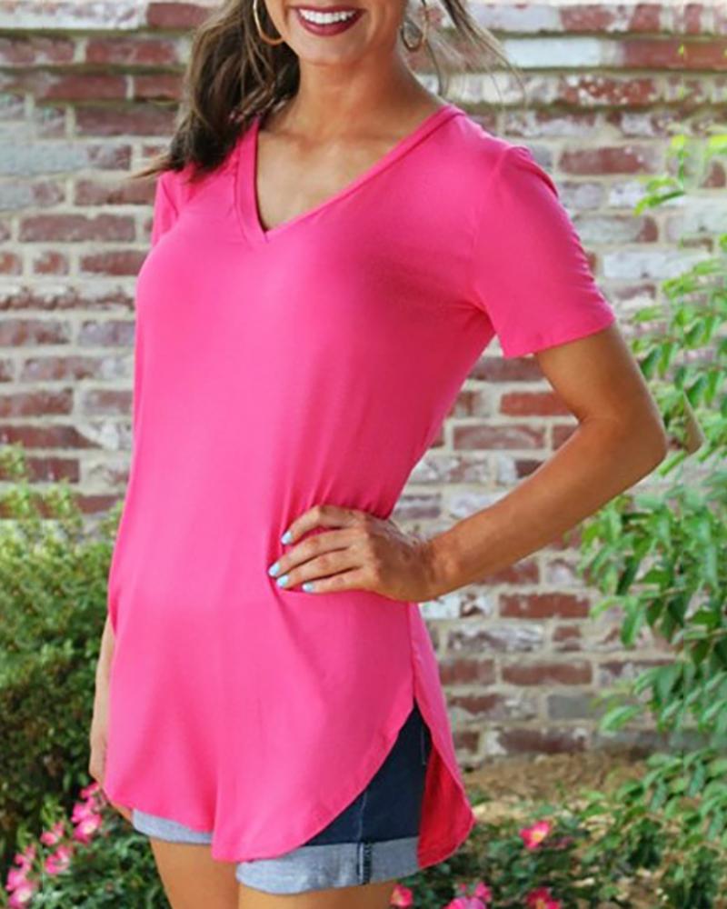 

Solid V-neck Short Sleeve Casual T-shirt, Hot pink