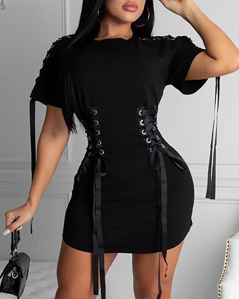 

Solid Eyelet Lace Up Detail Bodycon Dress, Black