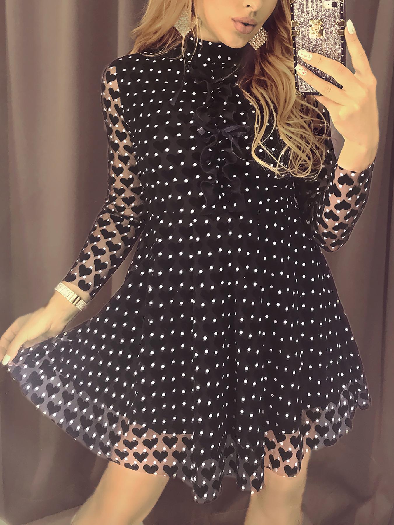 

Dot & Heart Print Bowknot Detail Mesh Dress