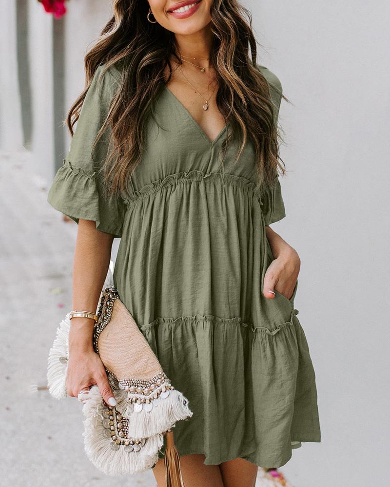 

Deep-V Open Back Ruffles Casual Dress, Green