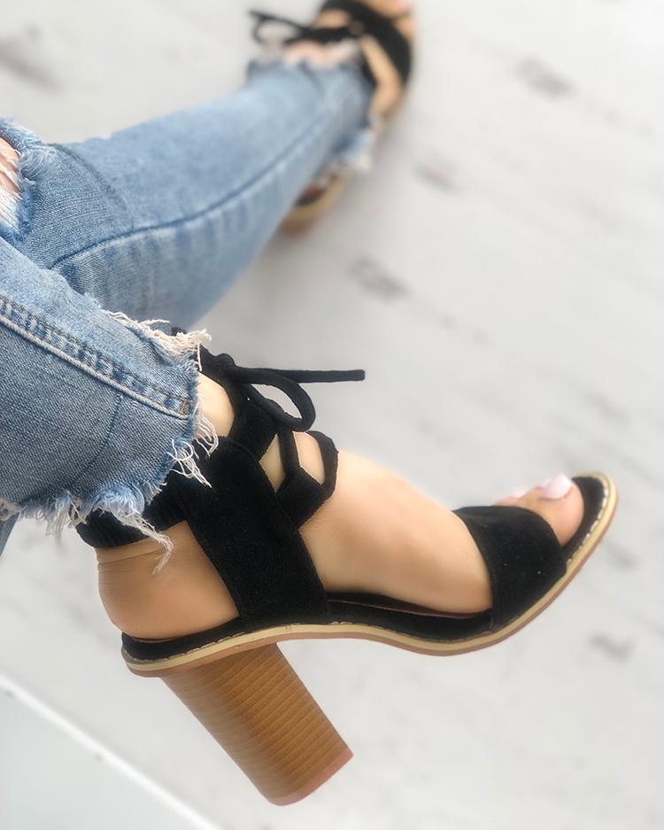 

Suede Lace-Up Slingback Chunky Heeled Sandals, Black