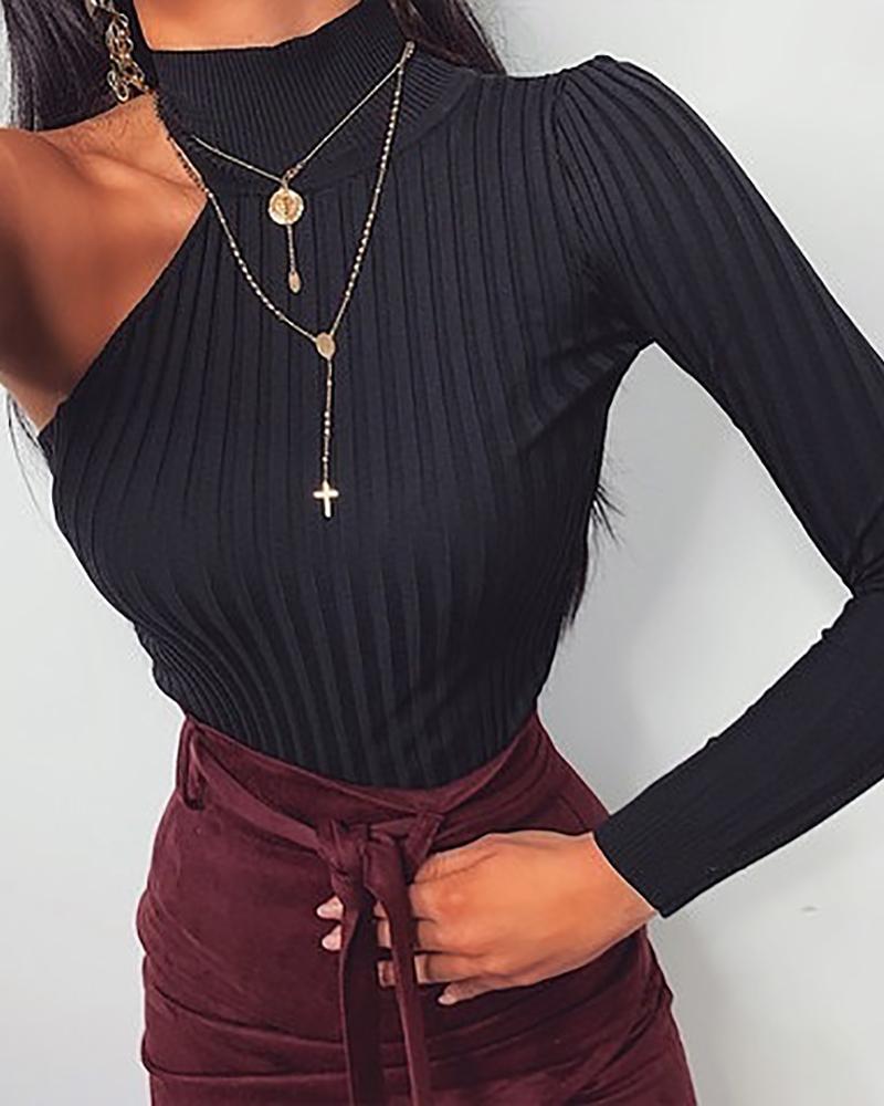 

One Shoulder Ribbed Blouse, Black