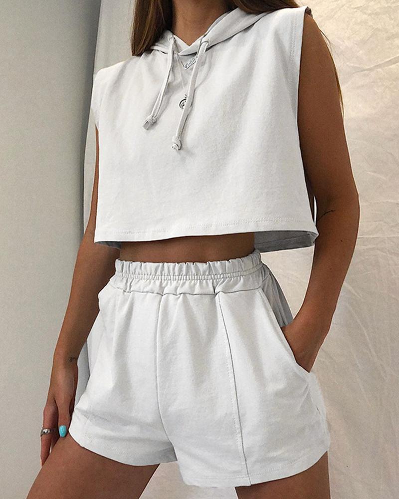 

Solid Hooded Crop Sleeveless Top, White
