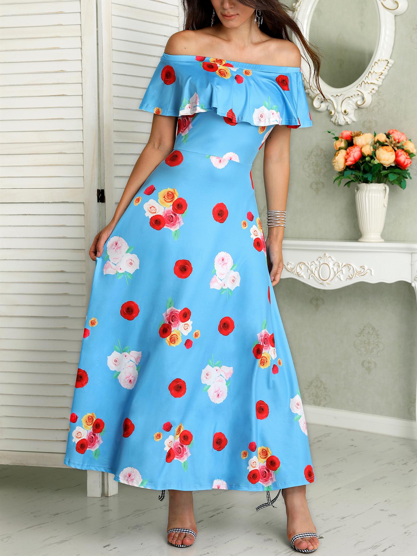 

Floral Off Shoulder Flounce Maxi Dress, Blue