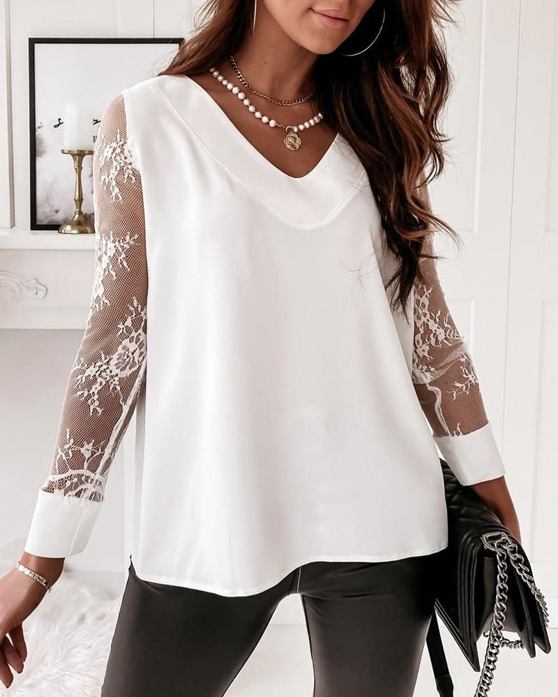 

Sheer Mesh Contrast Lace Long Sleeve Blouse, White