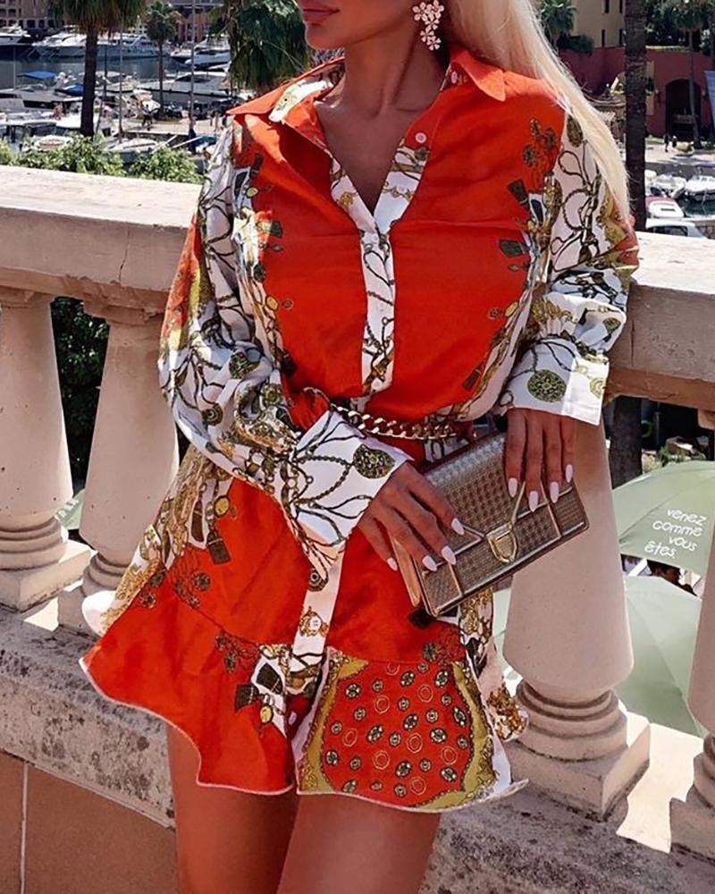 

Ruffles Hem Printed Shirt Dress, Orange