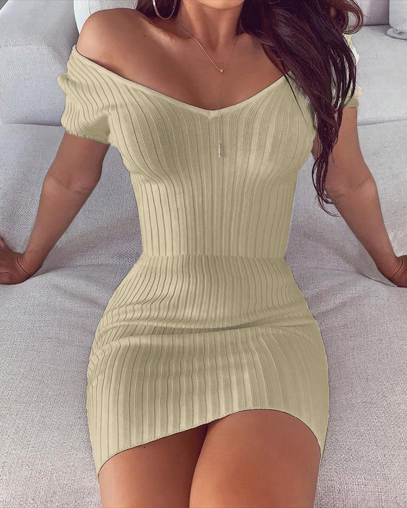 

Off Shoulder Ribbed Mini Dress, Apricot