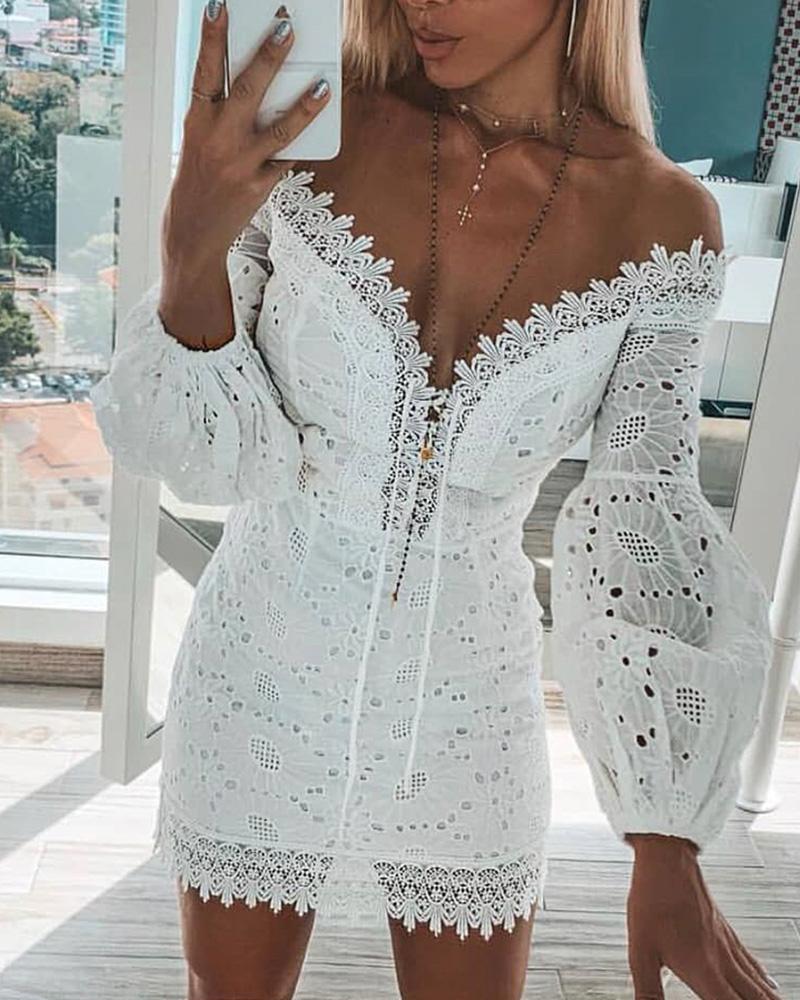 

Off Shoulder Hollow Out Lace Bodycon Dress, White