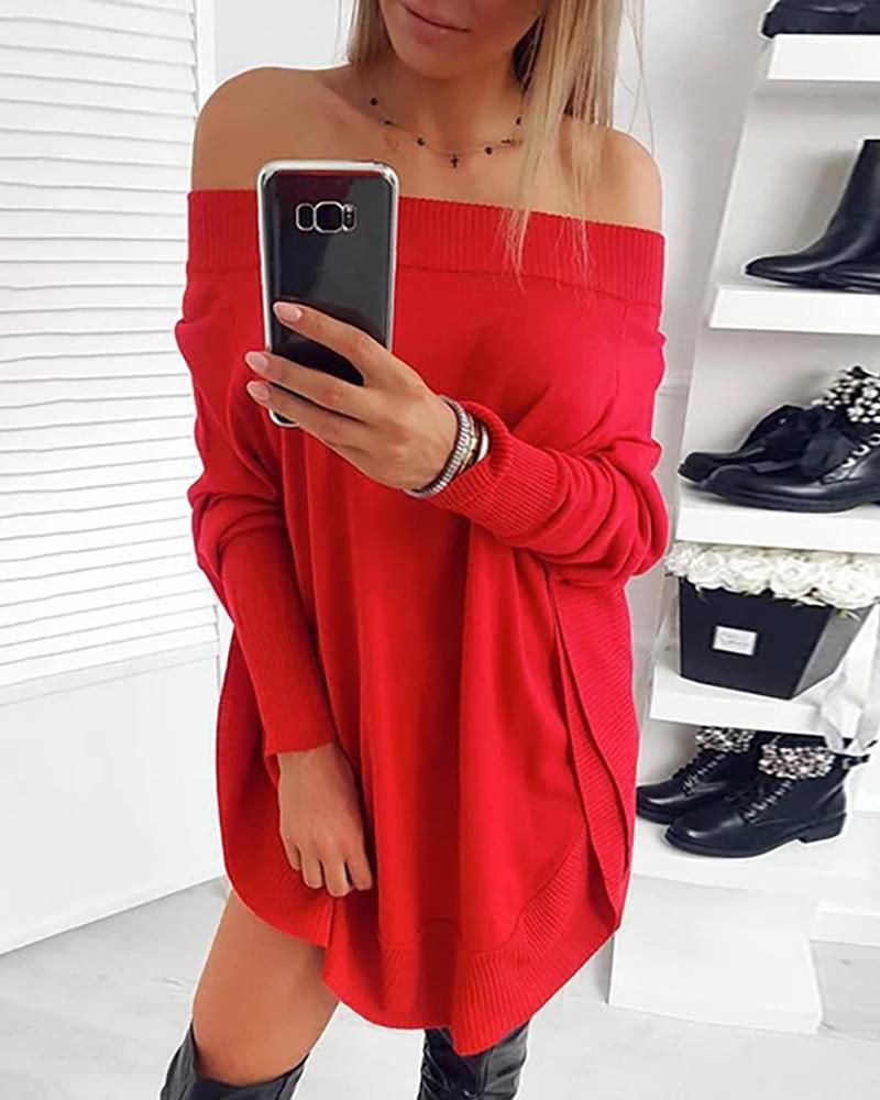 

Solid Batwing Sleeve Off Shoulder Dress, Red
