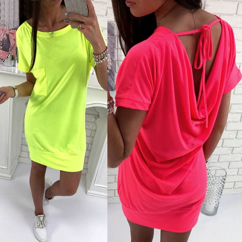 

Sexy Tied Open Back Ruched Casual T-shirt Dress, Green;hot pink