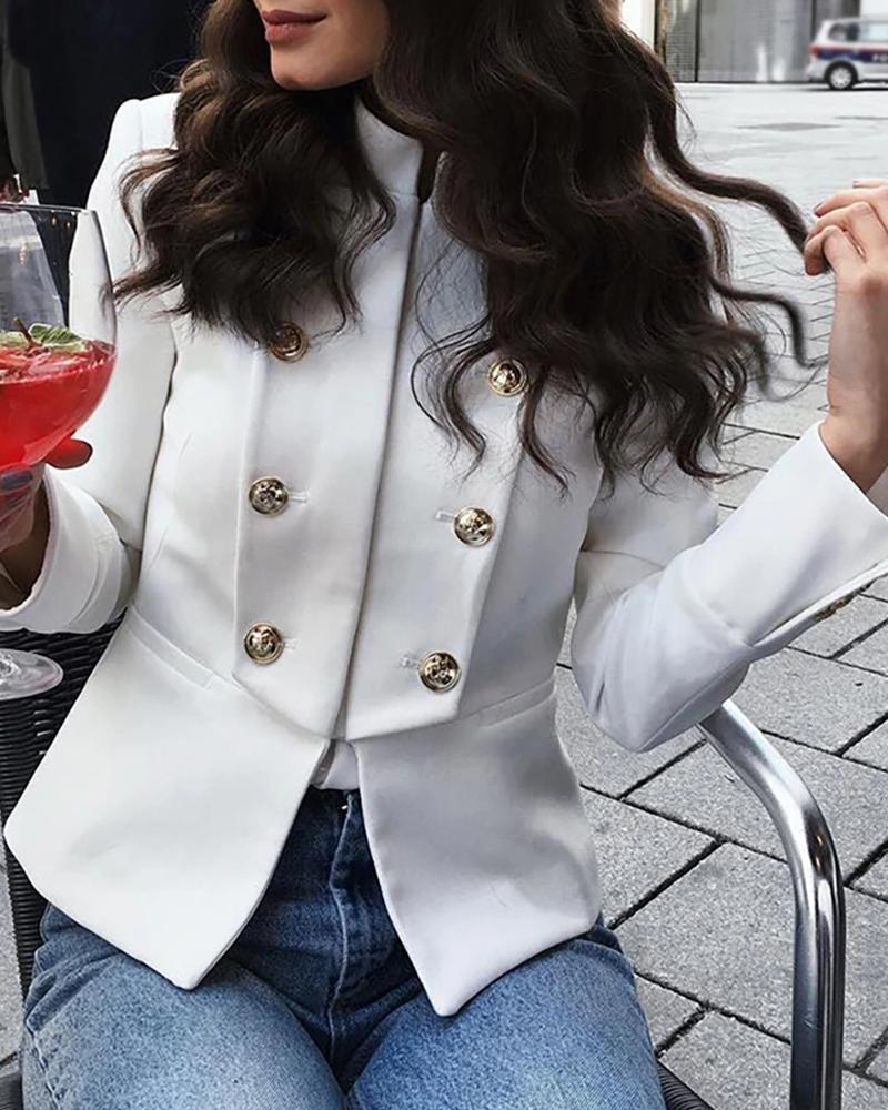 

Solid Stand Collar Double-breasted Blazer, White